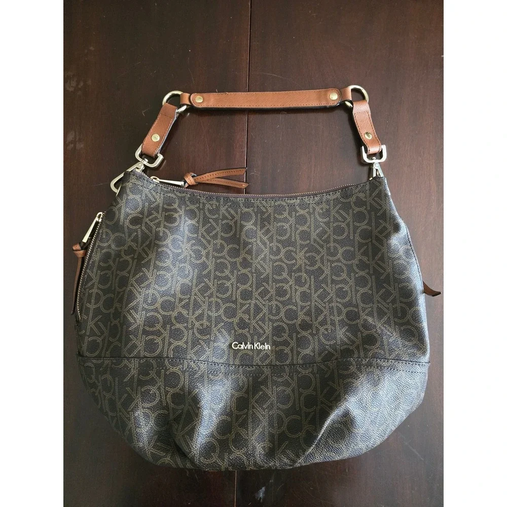 Calvin Klein Brown Monogram Logo Hobo Shoulder Bag Gold Hardware Large
